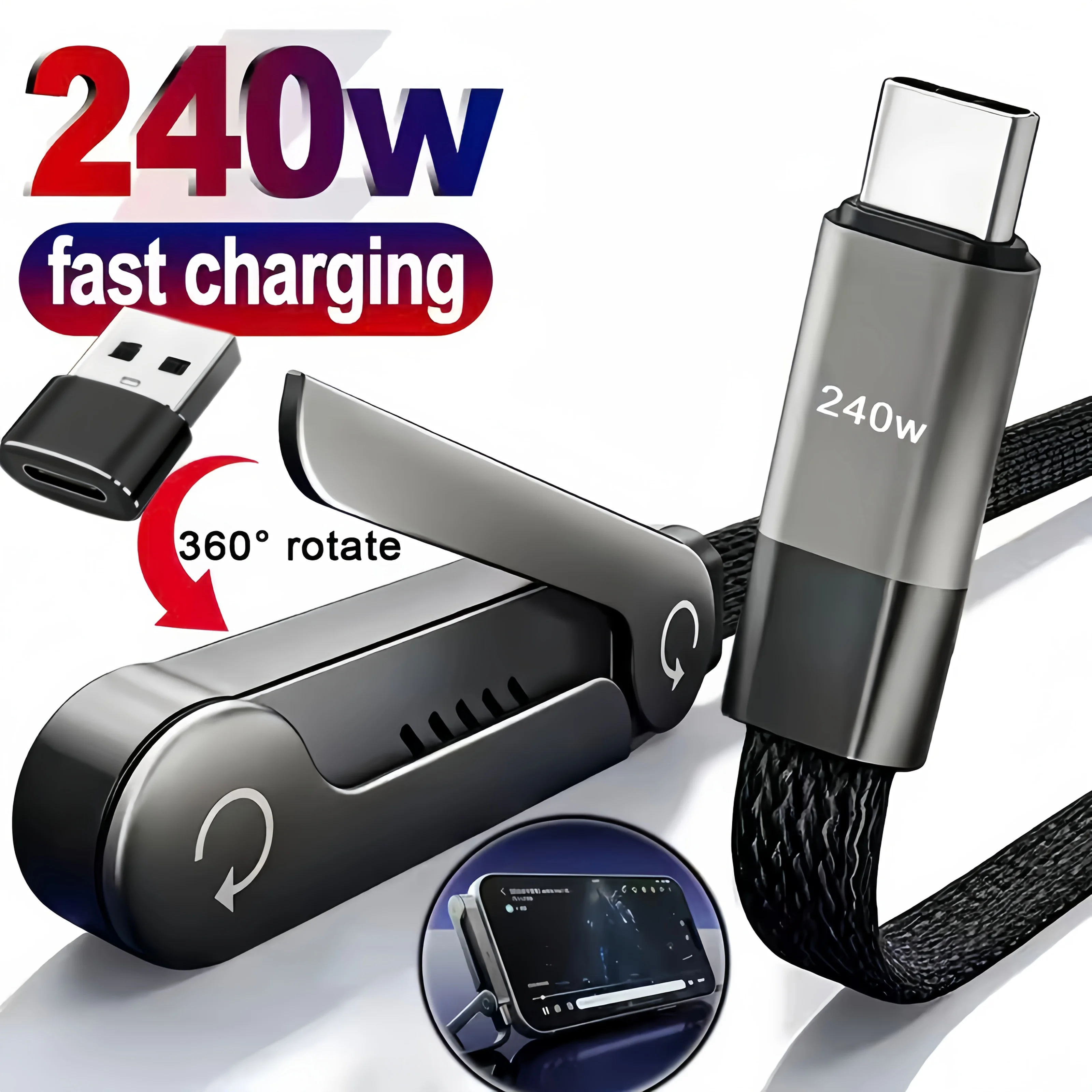 Cabo de Carregamento Dobrável com Suporte Integrado, Cabo de Carregamento Rápido para Telefone e Tablet, Cabo de Dados Ultra-Rápido de 240W, Suporte para Telefone