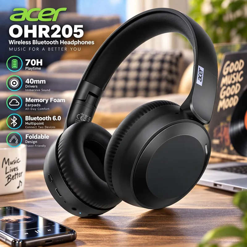 Acer OHR205 Auscultadores Bluetooth 6.0 Sem Fio Dobráveis Over-Ear Almofadas Espuma Memória Multiponto Estéreo Hi-Fi Microfone HD Cancelamento Ruído Bateria Longa Duração Confortáveis Viagem Casa Escritório