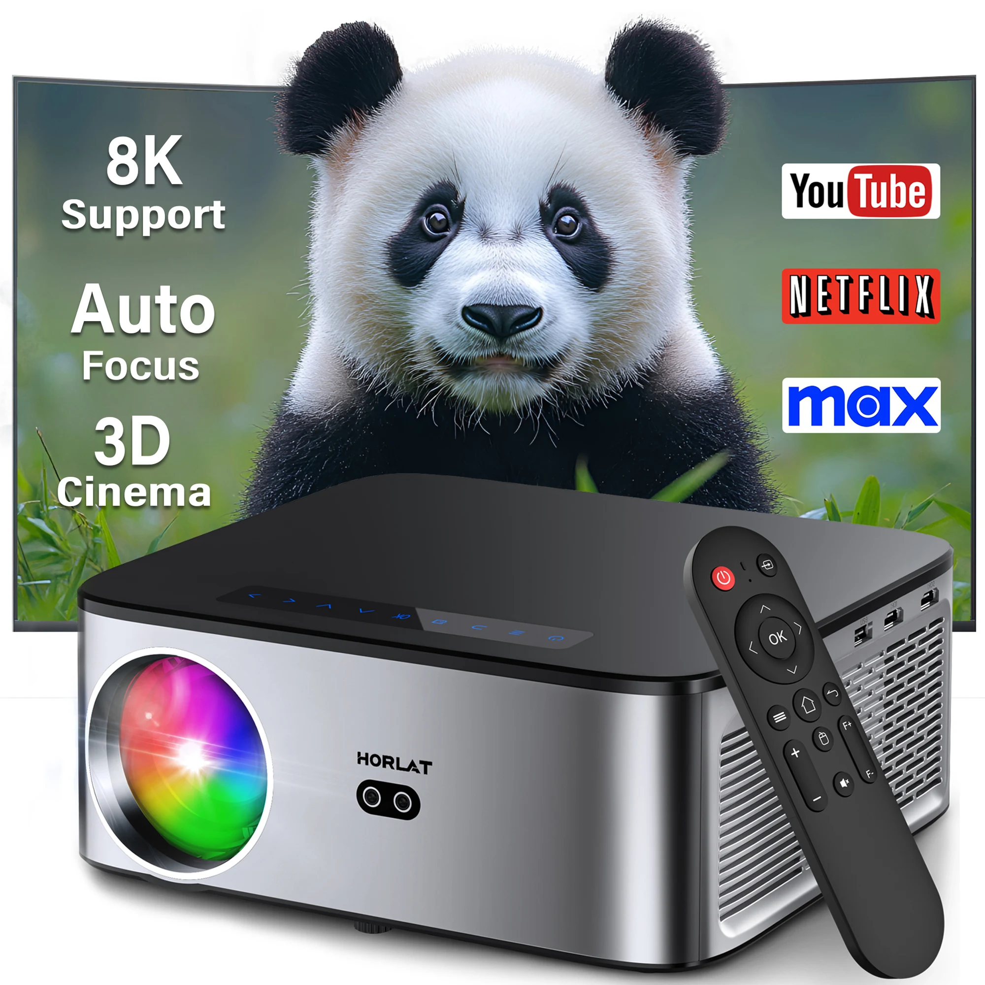 Projetor LCD HORLAT 35000 Lumens Android com Suporte 8K, 1080P Nativo, Wi-Fi 6 Dual Band, Foco Automático e Correção Trapezoidal para Escritório e Home Theater
