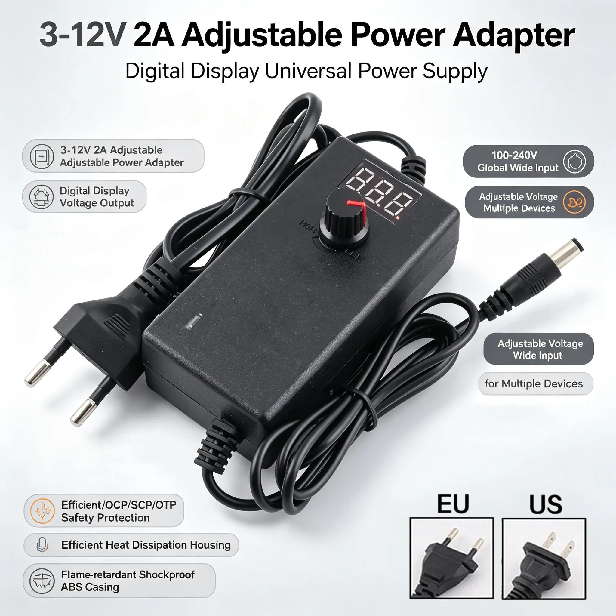 Fonte de alimentação regulada comutável ajustável AC/DC 3-12V2A com display LED para fita LED, plugue EU/US. Fonte de alimentação regulada comutável ajustável AC/DC 3-12V2A com display LED para fita LED, plugue EU/US.