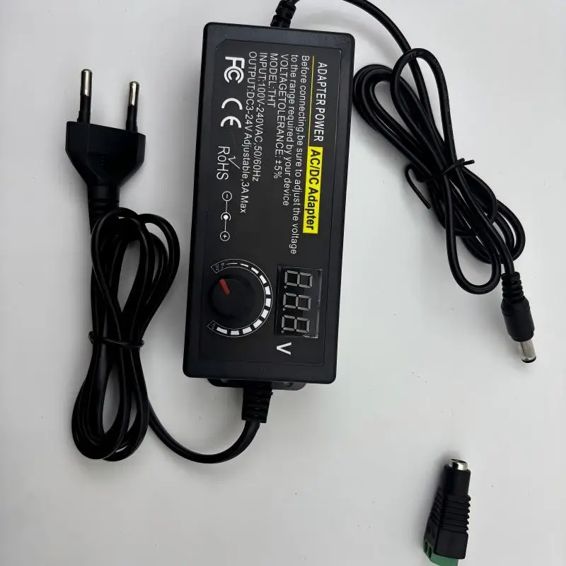 Adaptador de fonte de alimentação ajustável de 60W, carregador AC/DC com tensão variável de 3V a 24V e visor digital LED, universal para consolas de jogos.