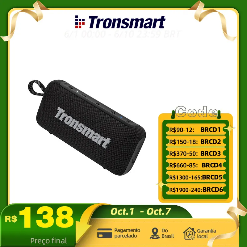 Tronsmart caixa de som Trip 2 Bluetoth Alto-falante portátil sem fio com graves aprimorados, IPX7 à prova d'água, 20 horas de reprodução, para camping