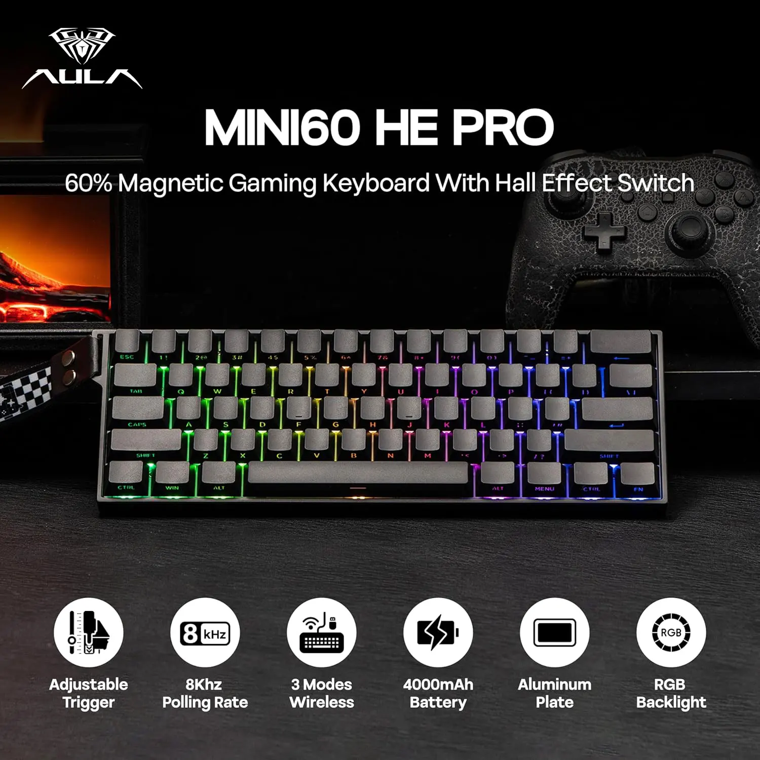 AULA Mini60 HE/Pro/Max 60% Teclado com interruptor magnético RGB Tri Mode Teclado mecânico sem fio 8000Hz 0,01mmRT para presentes de jogadores de PC