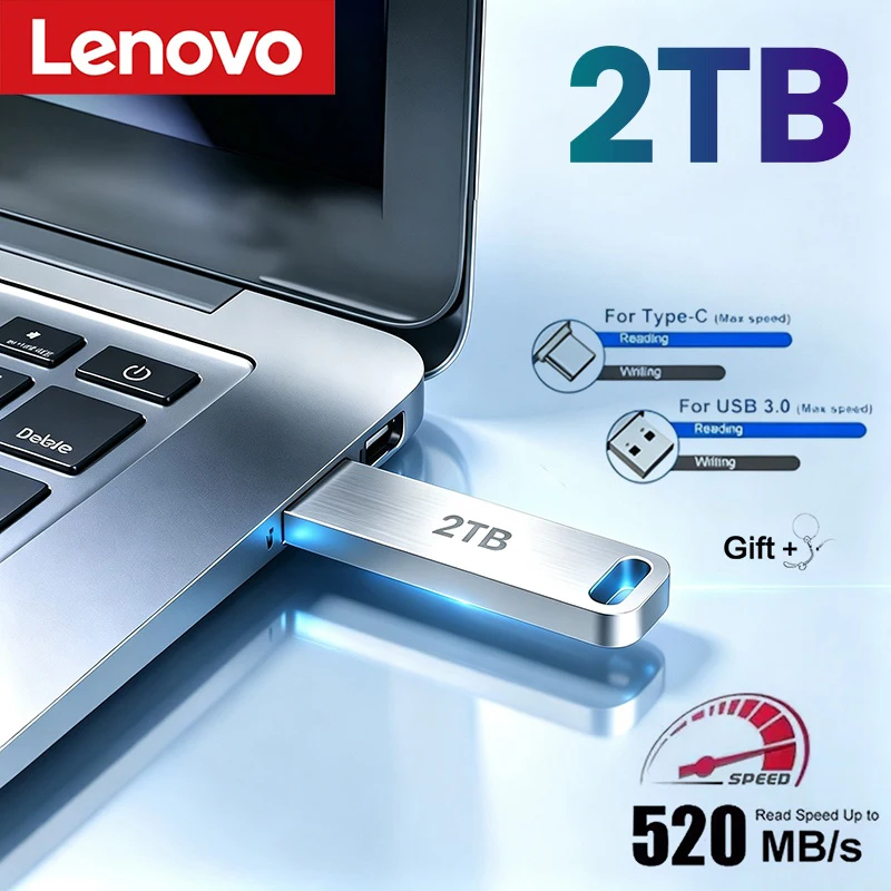 Adaptador USB de Metal Lenovo, Pen Drive USB 3.0 256GB 512GB, Mini Disco U de Metal de Alta Velocidade, Pendrive 1TB 2TB, Pen Drive de Memória