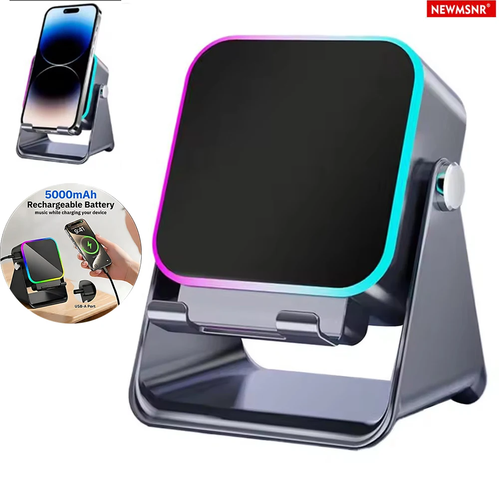 (Atualizado) Caixa de Som Sem Fio com Indução Automática 5 em 1, 5000mAh, 8 Luzes RGB, Som HIFI, Suporte Portátil para Telefone Bluetooth, Presentes