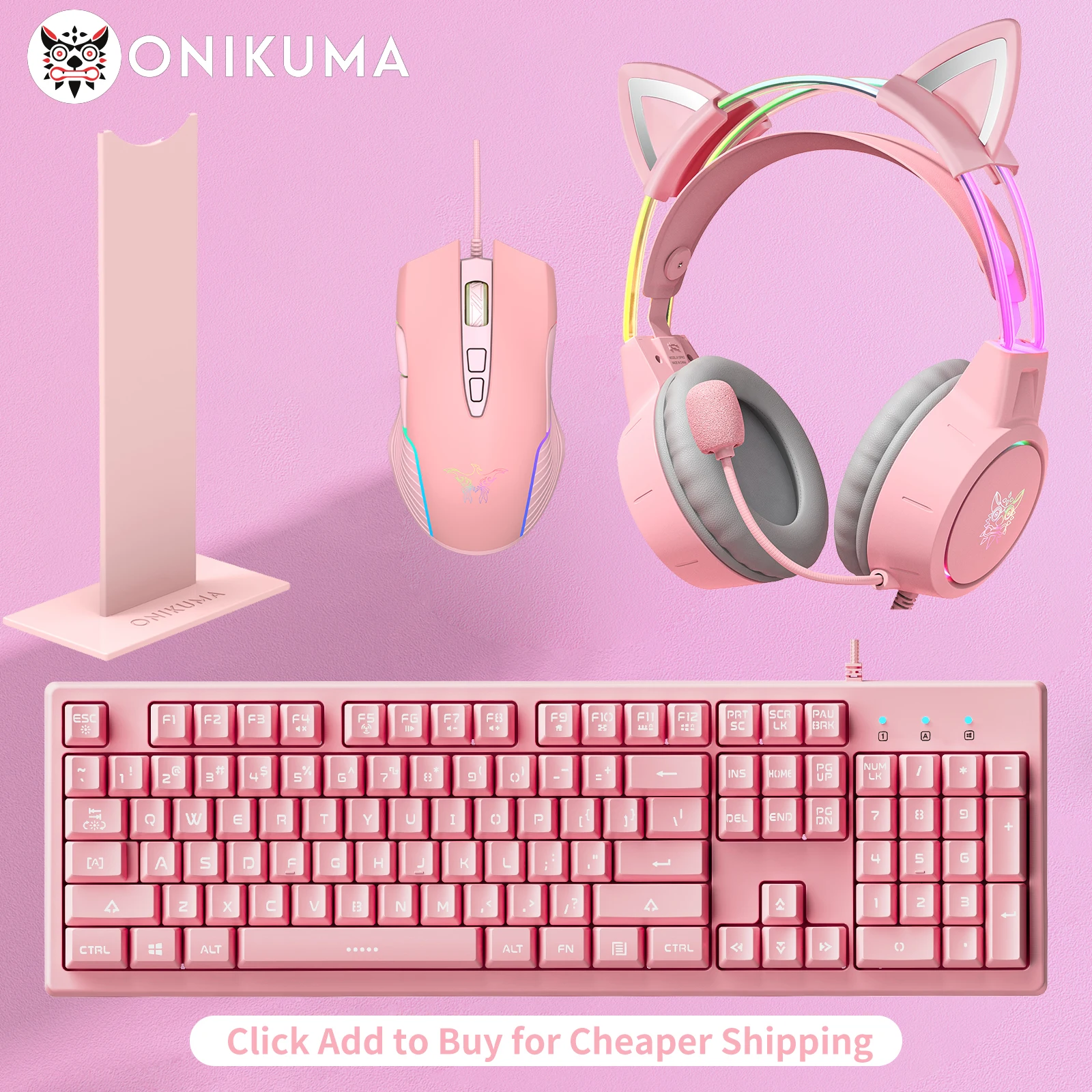 ONIKUMA-Auscultadores Gaming, Pacote Esports com Luz RGB Dinâmica, Orelhas de Gato Desmontáveis, Suporte Mouse, Fone de Ouvido com Microfone Gamer