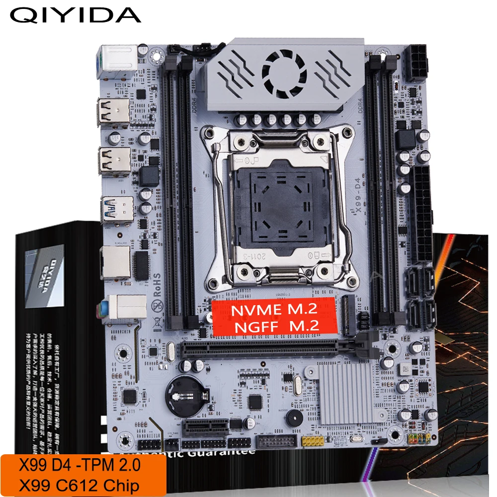 Placa-mãe QIYIDA X99 D4-TPM2.0 LGA 2011 3 com slot M.2 Suporte X99 C612chip Memória DDR4 SATA3.0 USB3.0 PCI16X