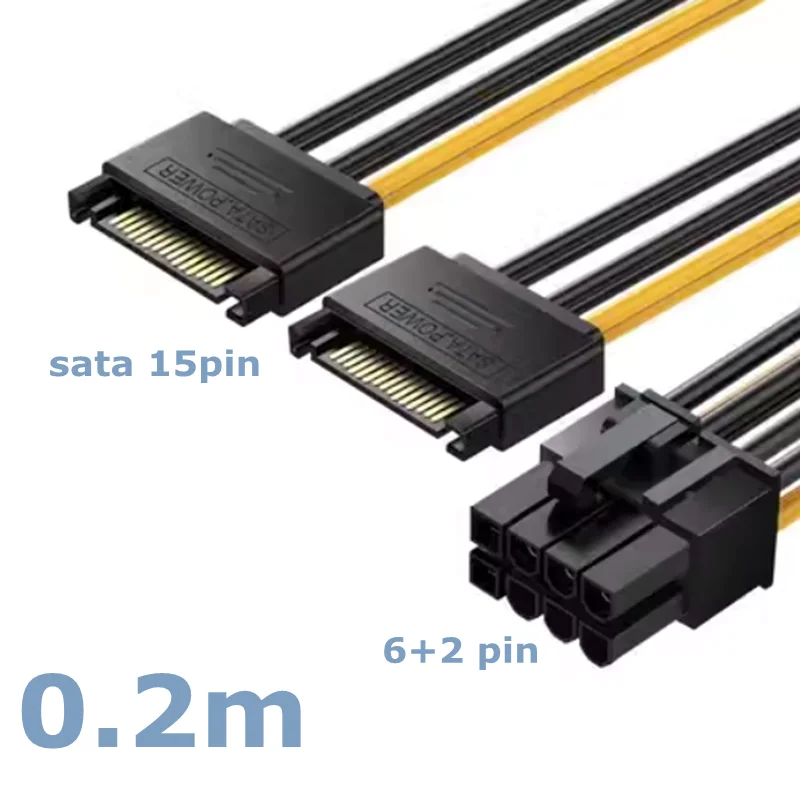 15 pinos sata macho para 8 pinos (6 + 2) cabo de alimentação pci-e 15 pinos sata para 8 pinos pci express adaptador para placa de vídeo gráfica 8 Polegada