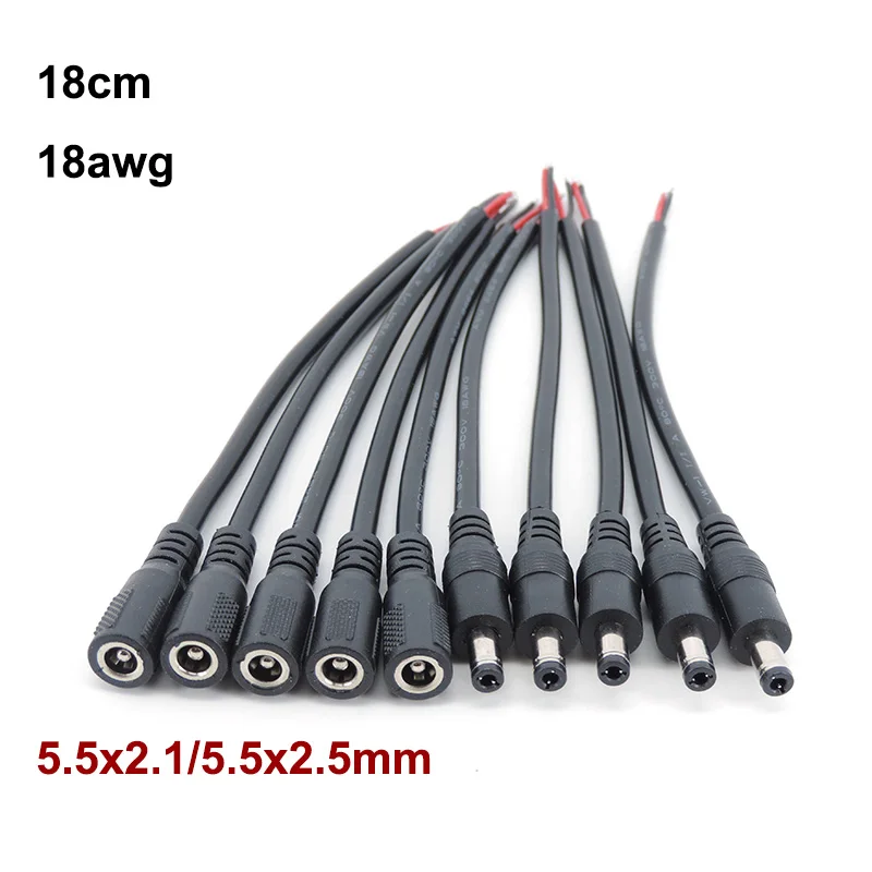 18cm 18awg 7a dc macho fêmea cabo conector de fonte de alimentação 5.5x2.1mm 5.5x2.5mm cabo de cobre para câmera de luz de tira led 2.1mm 2.5mm