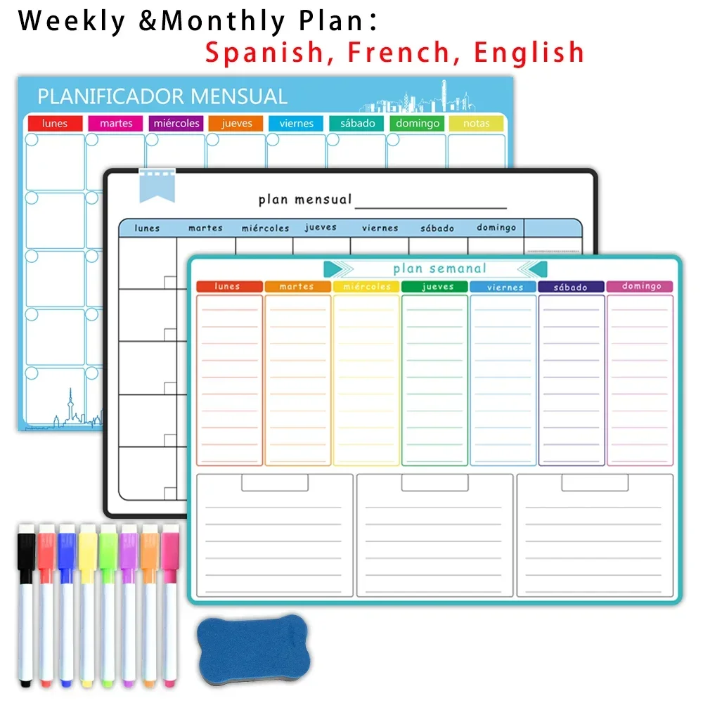 Planejador semanal e mensal magnético tamanho A3: espanhol, francês, inglês. Calendário adesivo de geladeira com quadro branco apagável a seco