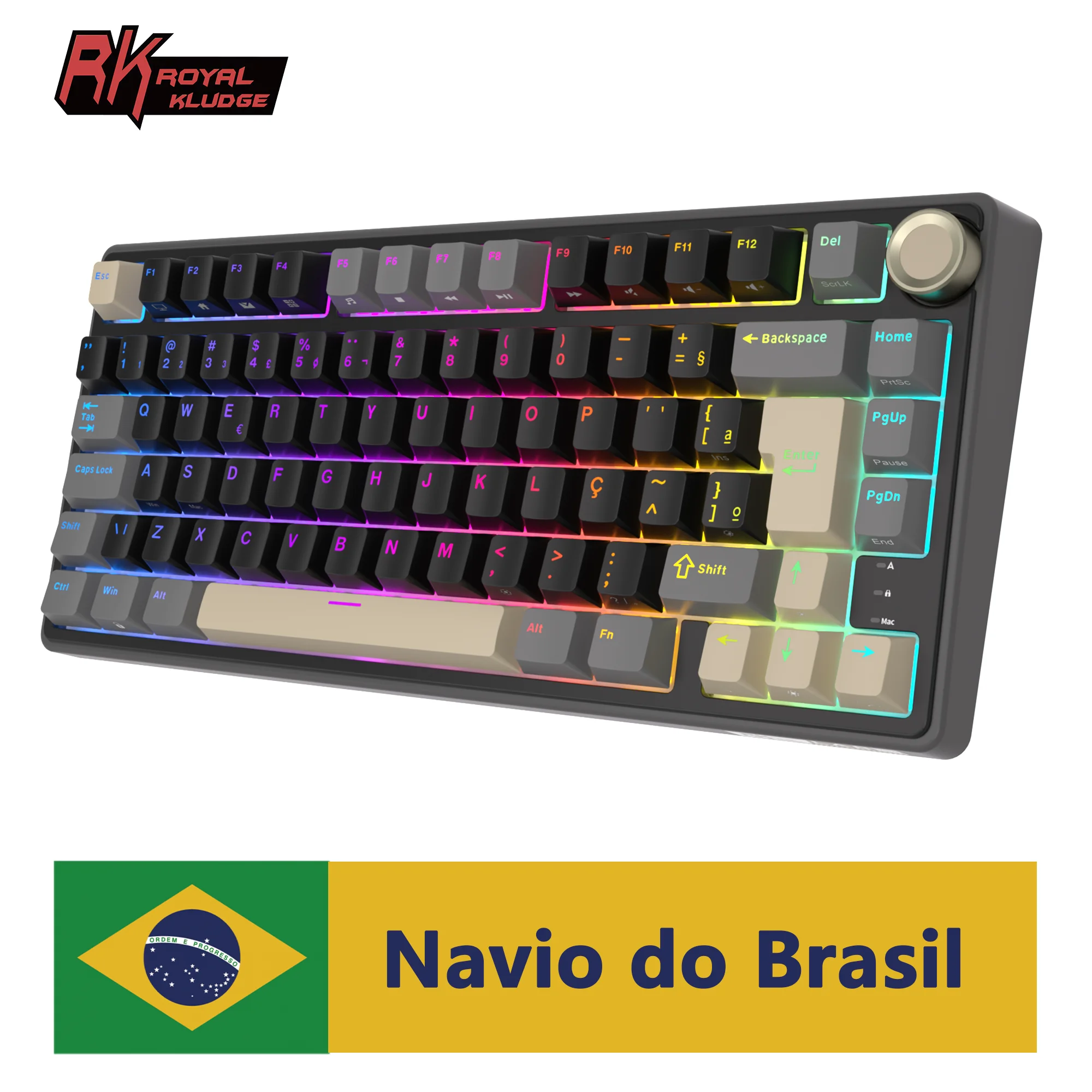 Teclado Mecânico com Fio R75 em Português Brasileiro, Keycaps PBT em Inglês, RGB, Hot-swappable, Gasket, Teclado Gamer com Knob, Royal Kludge