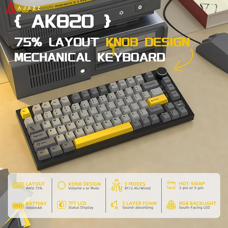 Teclado Mecânico Gamer AJAZZ AK820 / AK820PRO TKL 75% 82 Teclas Gasket Hot Swap com Fio e Bluetooth Sem Fio para Mac/Win