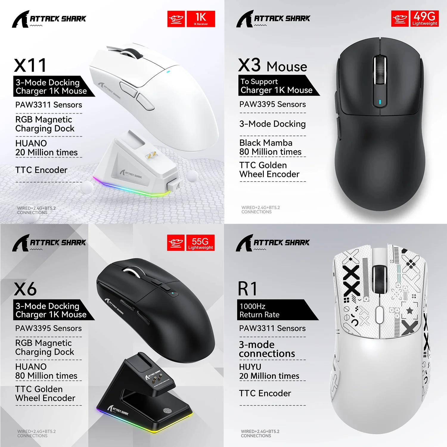 Mouse para jogos sem fio Attack Shark X11 X6 X3 R1, RGB, ergonômico, ultraleve, tri-mode, macro, PAW3395/PAW3311, 26000 DPI