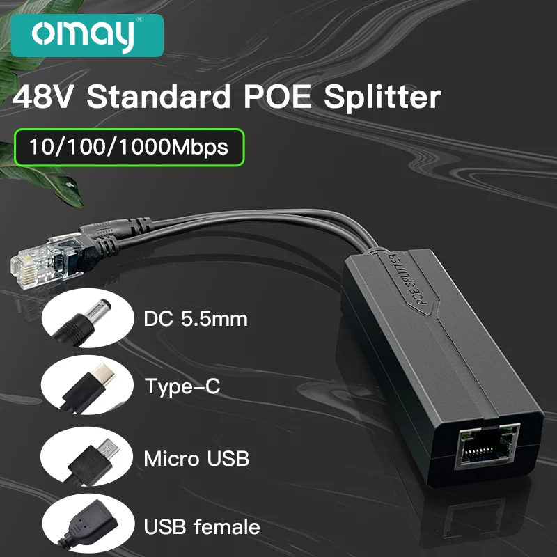 Divisor POE padrão 48V para 5V 12V 1.2A 2A Micro USB Tipo-C 100M/1000M Injetor de Câmera POE Fonte de Alimentação