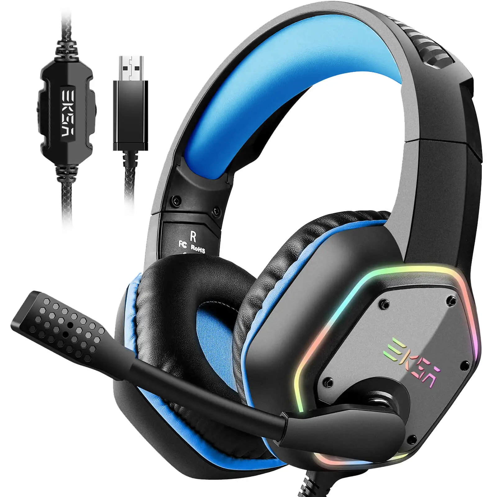 EKSA E1000 Fones de ouvido para jogos para PC/PS4/PS5 7.1 Surround RGB Gaming Headset Gamer USB Fones de ouvido com fio com microfone com cancelamento de ruído