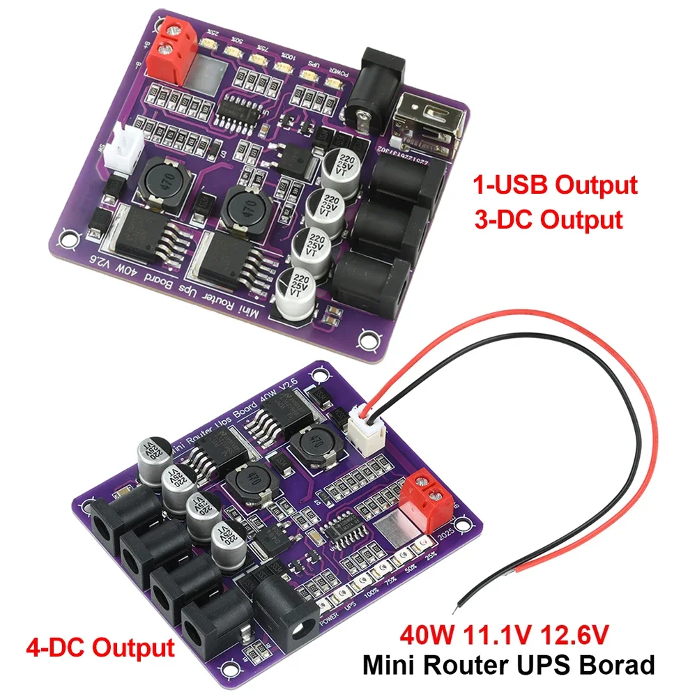 Mini UPS para Roteador, Placa de Fonte de Alimentação Ininterrupta 40W 11.1V, Placa de Carregamento de Bateria, Módulo de Energia de 4 Canais com Saída USB e Porta DC