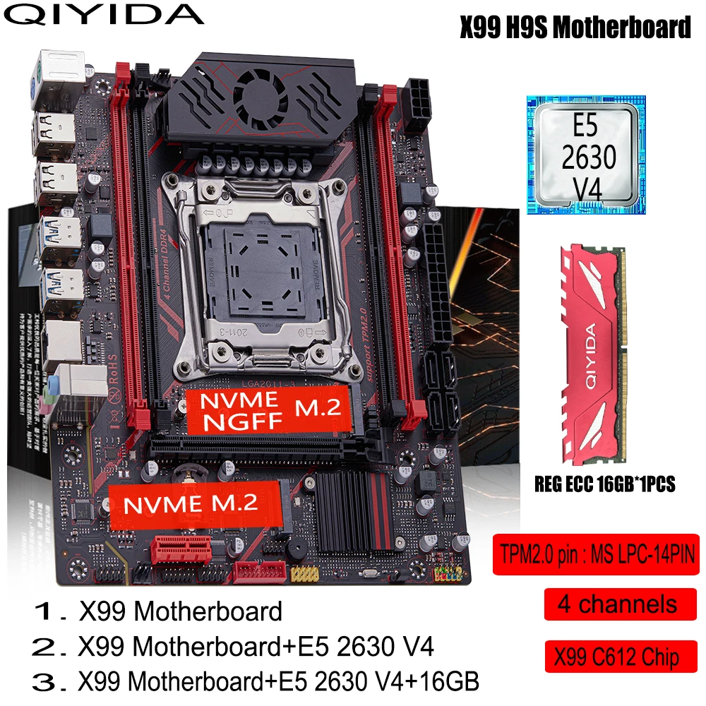 Kit de Placa-Mãe QIYIDA X99 H9S com CPU Xeon E5 2630 V4 LGA2011-3, Memória DDR4 de 16GB, Interface NVME M.2 TPM 2.0 e SATA3 Kit de Placa-Mãe QIYIDA X99 H9S com CPU Xeon E5 2630 V4 LGA2011-3, Memória DDR4 de 16GB, Interface NVME M.2 TPM 2.0 e SATA3
