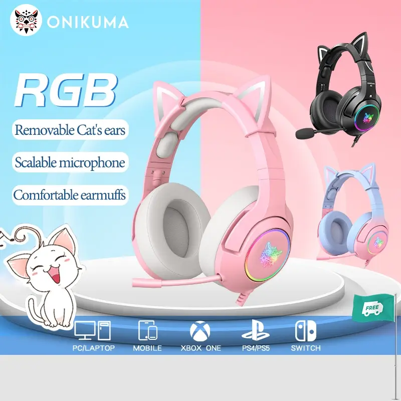 ONIKUMA-K9 Auscultadores com fio com luz RGB, microfone HD flexível, auscultadores para jogos, auriculares para computador, PC Gamer, PS4, XBox, 3,5mm