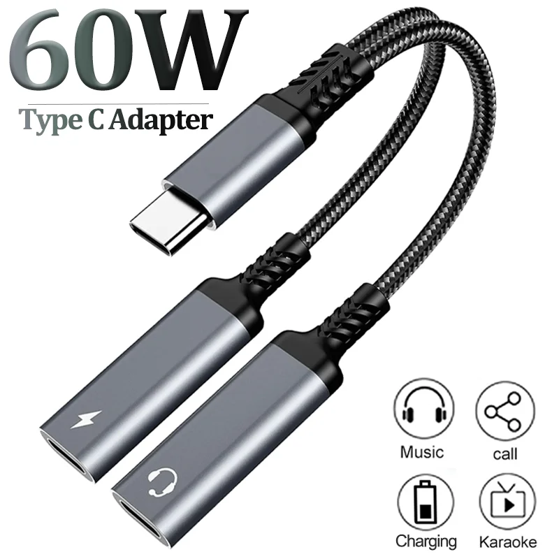Adaptador OTG 2 em 1 USB C para Dupla Saída USB C com Conector para Fones de Ouvido e Carregador Rápido PD 60W para Samsung, Huawei, iPhone 15, Xiaomi