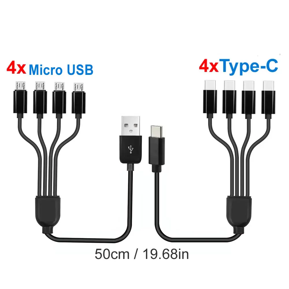 Cabo curto 5v usb a c para tipo c cabo de carregamento múltiplo 4 em 1 cabo adaptador divisor micro usb 4 portas usb c pd cabo divisor
