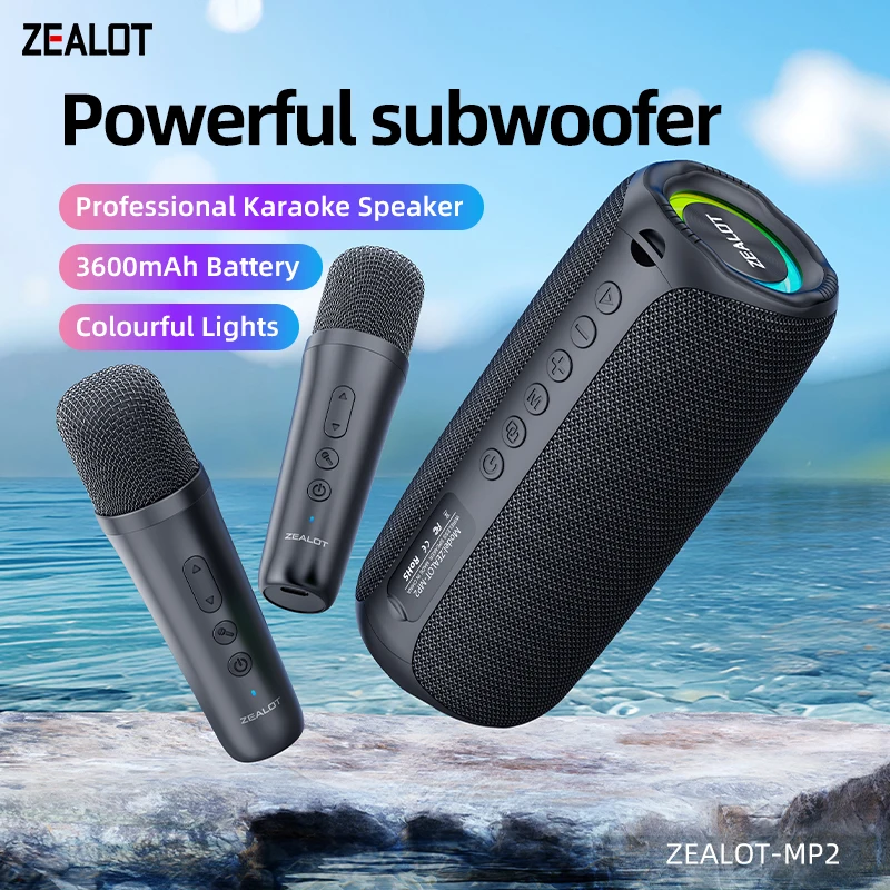 Máquina de Karaokê Zealot-MP2, Caixa de Som Bluetooth Portátil com 1-2 Microfones Sem Fio, 10 Horas de Reprodução, IPX5 à Prova d'Água para Uso Externo Máquina de Karaokê Zealot-MP2, Caixa de Som Bluetooth Portátil com 1-2 Microfones Sem Fio, 10 Horas de Reprodução, IPX5 à Prova d'Água para Uso Externo