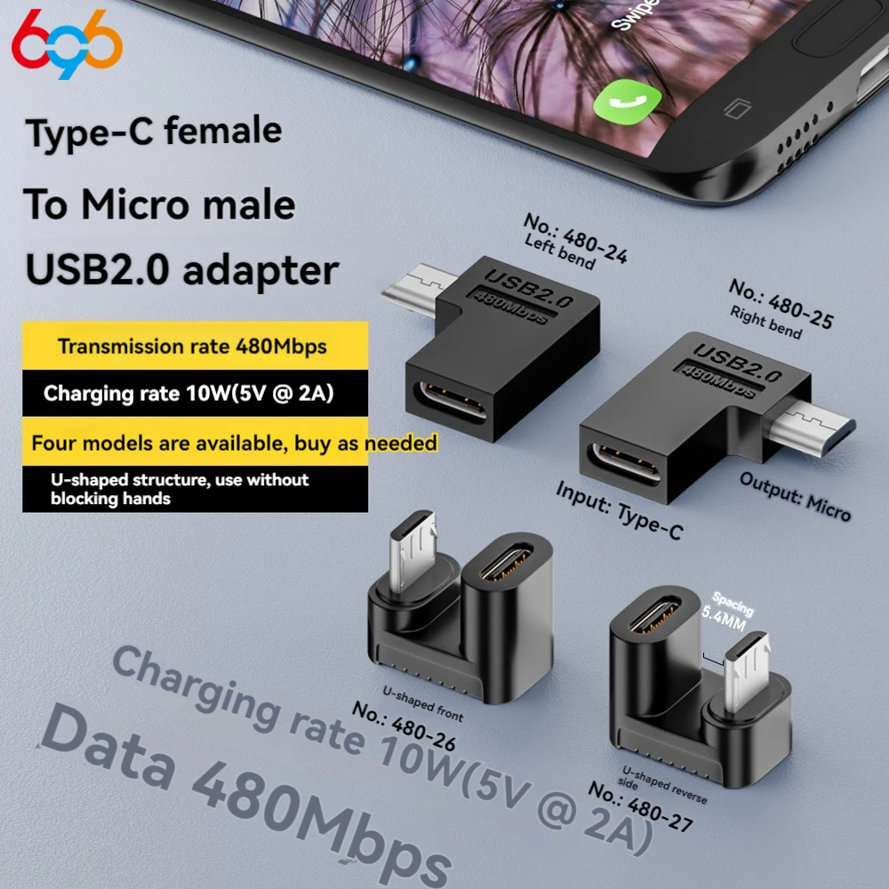 Tipo-C fêmea para Micro Masculino Adaptador USB, interface de microfone em 480Mbps transmissão de dados, 10W carregamento rápido, USB 2.0