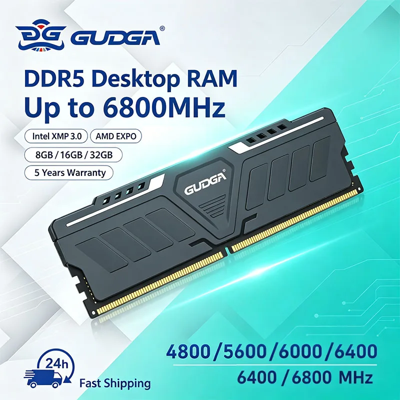 Memória GUDGA RAM DDR5 8GB/16GB/32GB 4800-6800MHz Memória RAM UDIMM para Desktop com Dissipador de Calor de Alumínio para Computador Gamer DIY