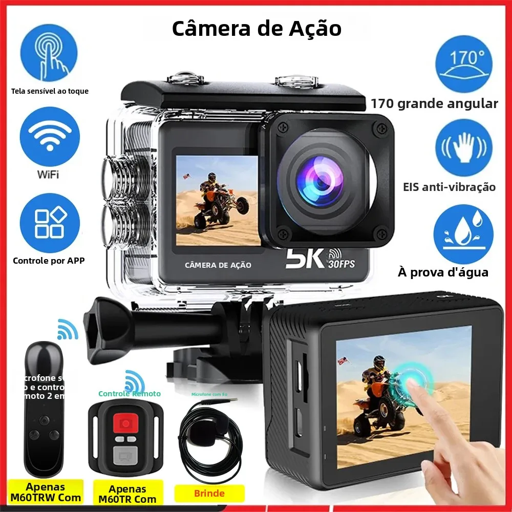 Câmera de Ação 5K 4K60FPS 50MP Tela Dupla Sensível ao Toque de 2" Zoom 5X Wi-Fi EIS 170 ° Câmera Esportiva DVR com Webcam, Microfone Sem Fio e 30M à Prova D'Água