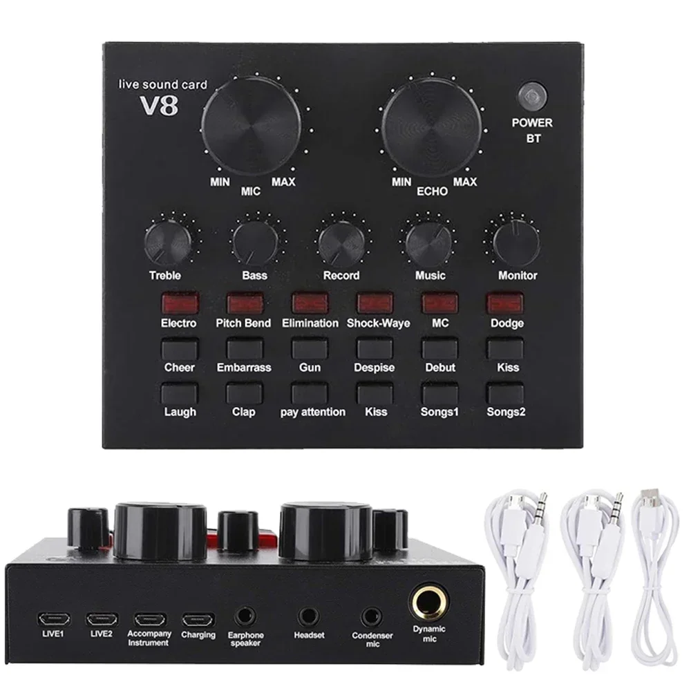 V8 placa de som conjunto de áudio interface externa usb microfone ao vivo placa de som função bluetooth para computador pc telefone móvel singin V8 placa de som conjunto de áudio interface externa usb microfone ao vivo placa de som função bluetooth para computador pc telefone móvel singin