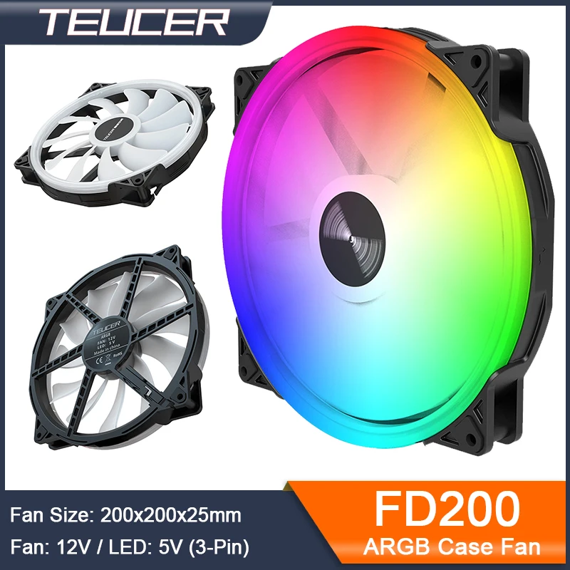 TEUCER FD200 200mm ARGB Ventilador para caixa de computador 5V 3PIN LED Ventiladores de resfriamento Acessórios para caixa de PC de mesa