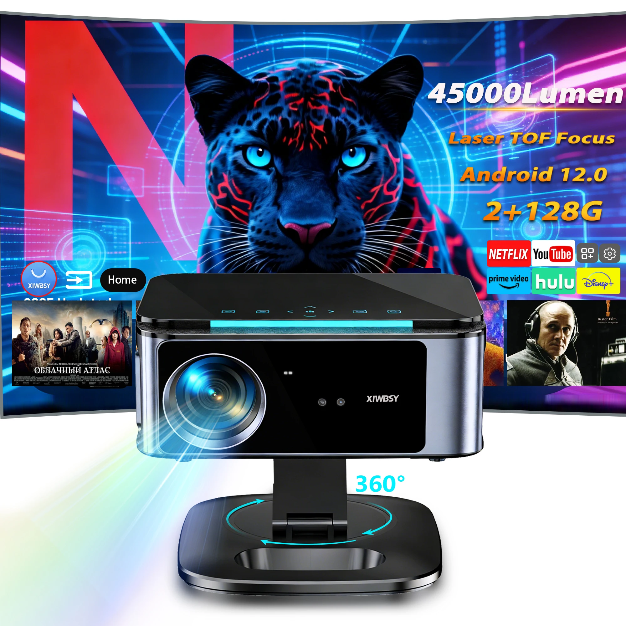 Projetor a Laser XIWBSY 2026 para Uso Diurno 45000 Lumens com Foco TOF, Android 12.0, 4K, para Home Theater
