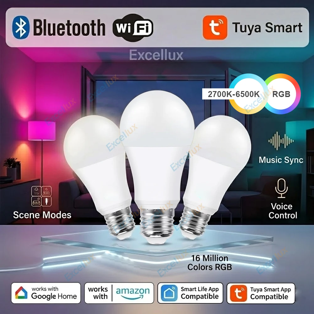 Lâmpada LED Inteligente Tuya E27 15W WiFi/Bluetooth RGBCW, Dimmable, Controle Remoto via App Smart Life, Comando de Voz via Alexa e Google Home