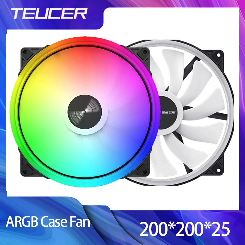 TEUCER-ARGB Ventilador Caso, 20025, 5V, 3Pin, 200mm, 4Pin, Ventilador De Refrigeração, Alto Volume De Ar, 500-1500RPM, Ventilador Da Caixa Do PC Do Computador, 20cm