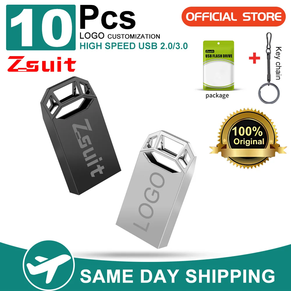 Zsuit 10 PÇS/LOTE Metal 2.0/3.0 USB Flash Drive 32GB 16GB 128GB Pen Drive 64GB Personalizado Presente Criativo Memory Stick 8GB Mini U Disk