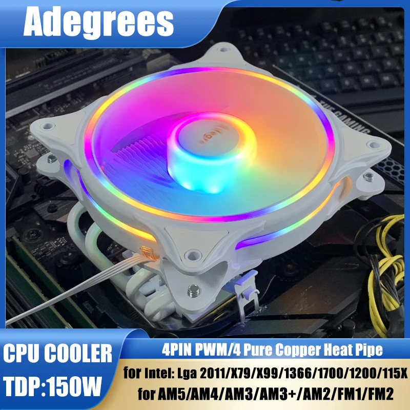 Cooler de Ar para CPU com 4 Heatpipes ARGB, Ventilador para Processadores AM4, Intel LGA 1366, 1155, 1151, 1200, 1700, 2011, X79, X99, AM3, AM5
