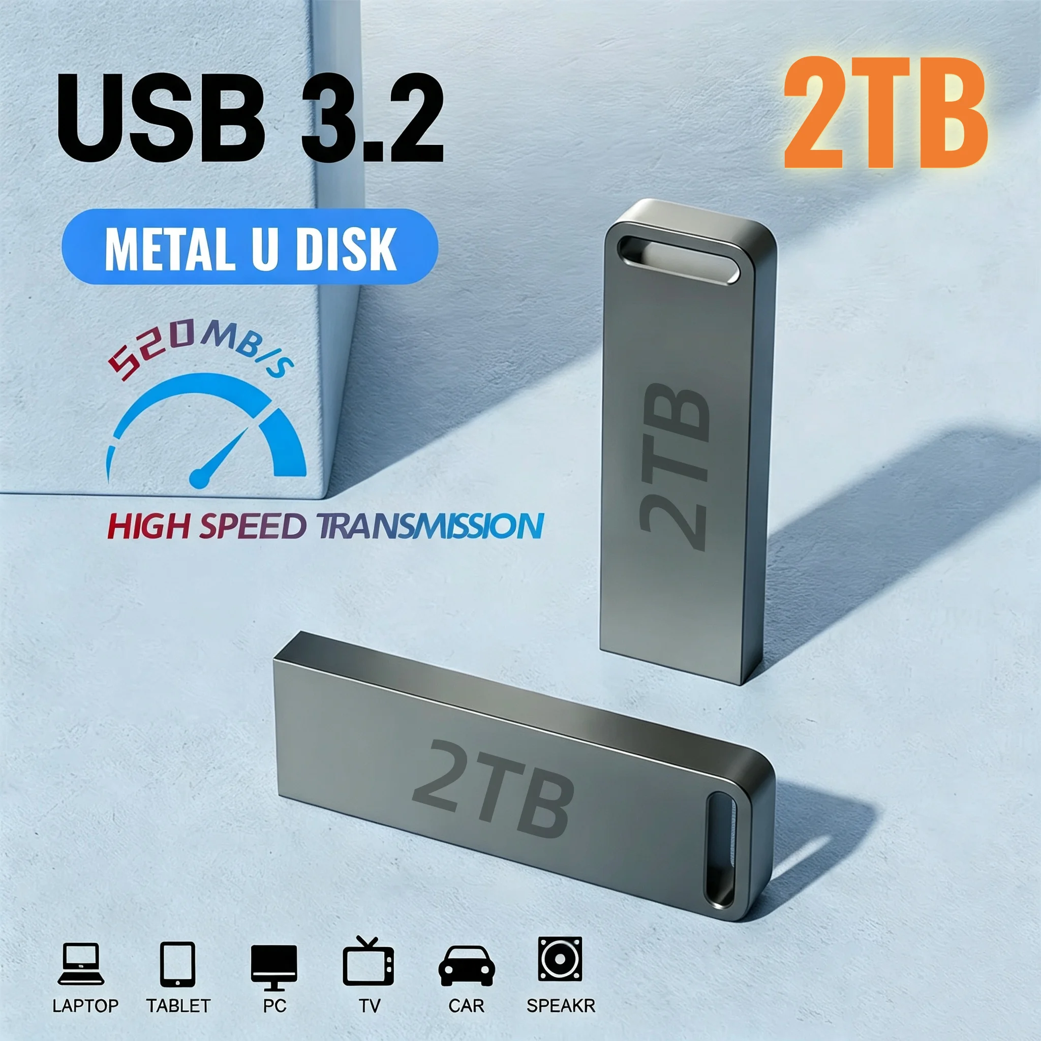 Pen Drive USB 3.0 de Metal de Alta Velocidade 128GB 256GB 512GB 1TB 2TB Mini U Disk Adaptador de Carro