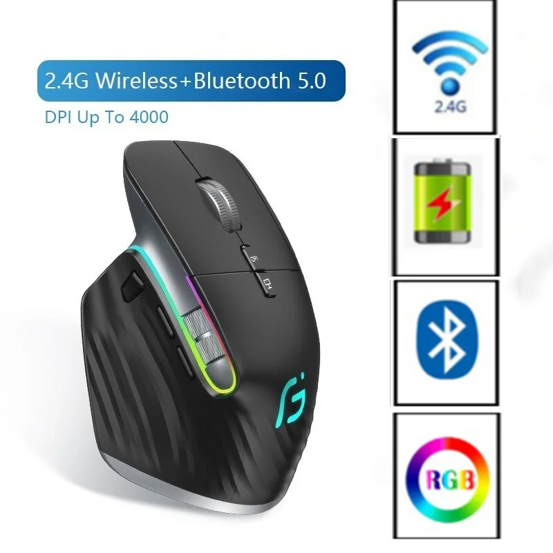 JOMAA-Mouse Preto Sem Fio, 2.4G, Bluetooth, RGB, Recarregável, Design Ergonômico, Computador, Jogos, Escritório