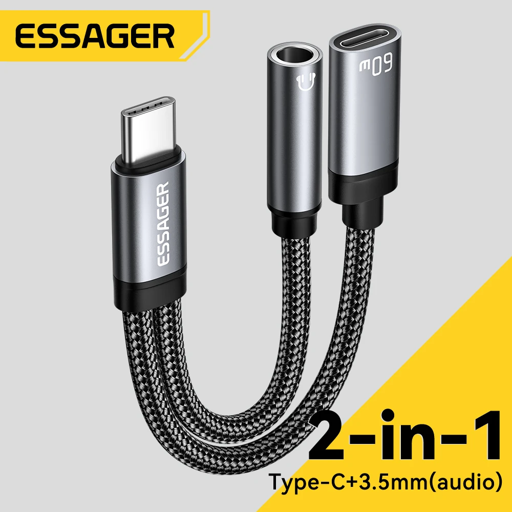 Essager 2 em 1 tipo c para 3.5mm cabo aux adaptador de fone de ouvido pd 60w carregamento rápido para iphone 16 15 samsung xiaomi 14 13 tablet pc Essager 2 em 1 tipo c para 3.5mm cabo aux adaptador de fone de ouvido pd 60w carregamento rápido para iphone 16 15 samsung xiaomi 14 13 tablet pc