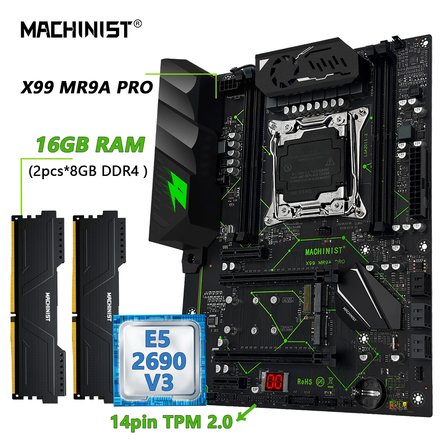 Placa-Mãe MACHINIST MR9A PRO X99 TPM 2.0 LGA2011-3 com CPU Xeon E5 2690 V3 e RAM DDR4 16GB (2*8GB) 2666MHz - Kit Opcional