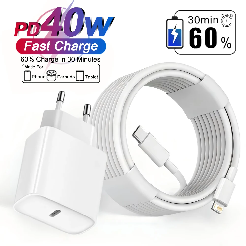 Carregador USB Tipo C PD de 40W com Cabo de Carregamento Rápido para iPhone 17 16 15 14 13 12 11 Pro Max 8 Plus XS X XR Acessórios para Celular