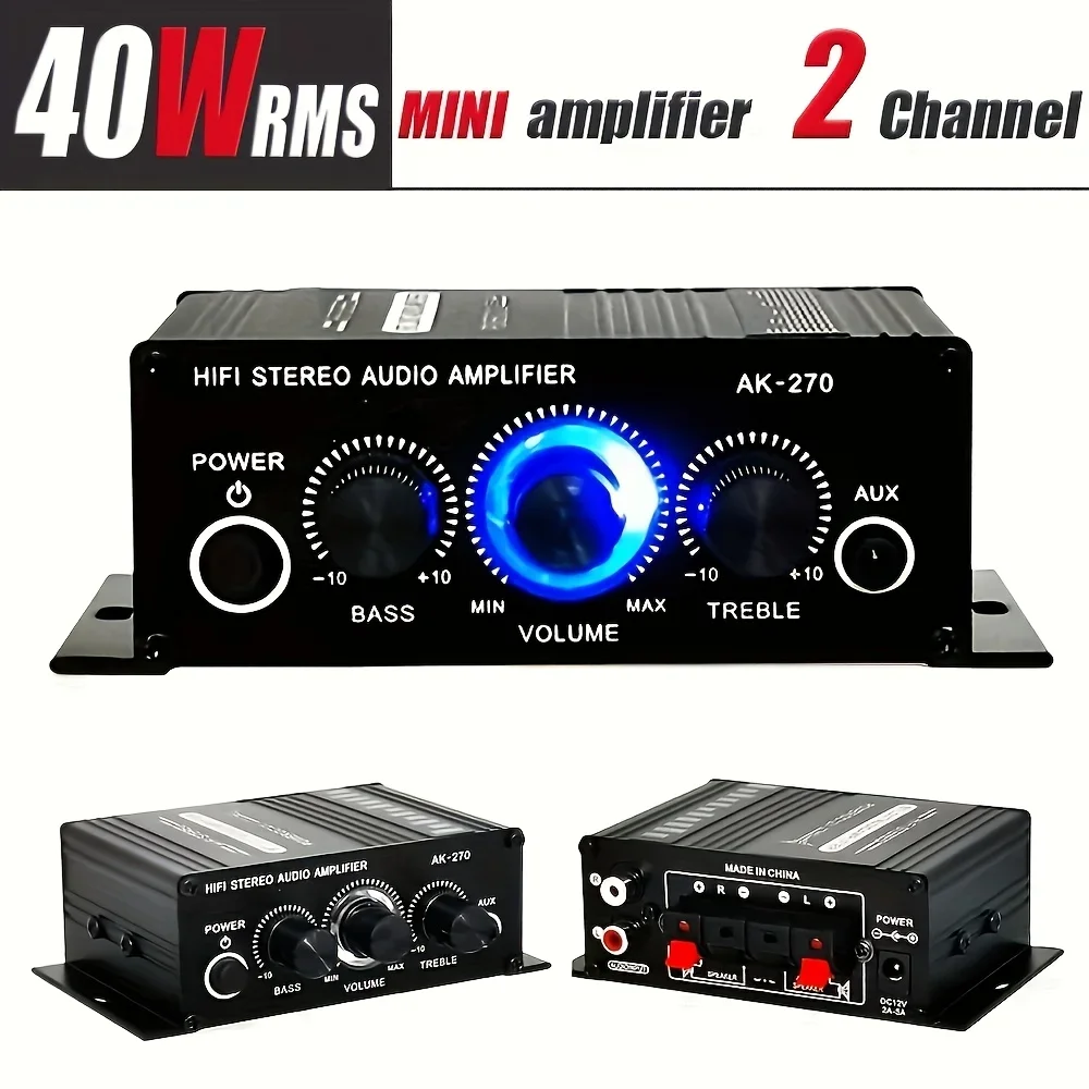 Amplificador de Potência Compacto AK-270 12V/24V 400W, Amplificador de Áudio Estéreo 2.0 Canais para Sistema de Som HiFi em Casa e Carro
