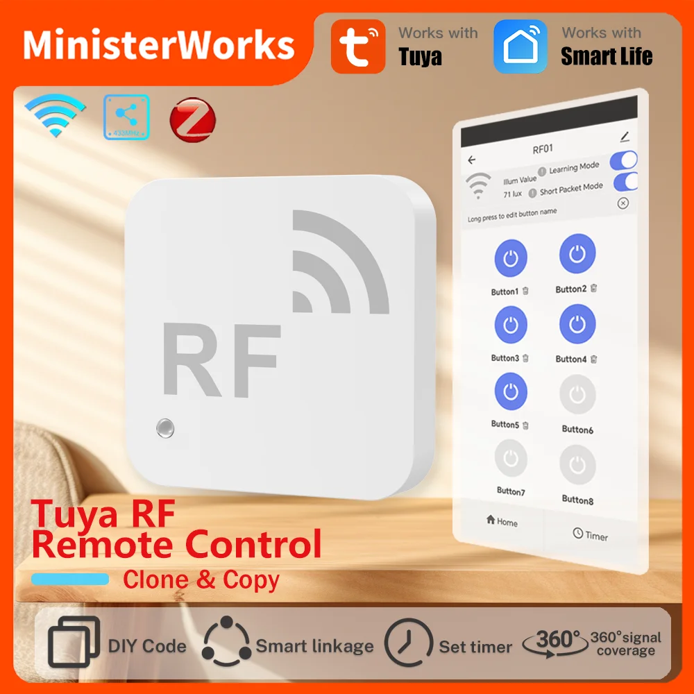 Controle Remoto Inteligente Tuya WiFi RF (Radiofrequência) para Clonagem e Cópia de Comandos, Aplicativo de Controle Remoto, Adequado para TVs e Ar Condicionados