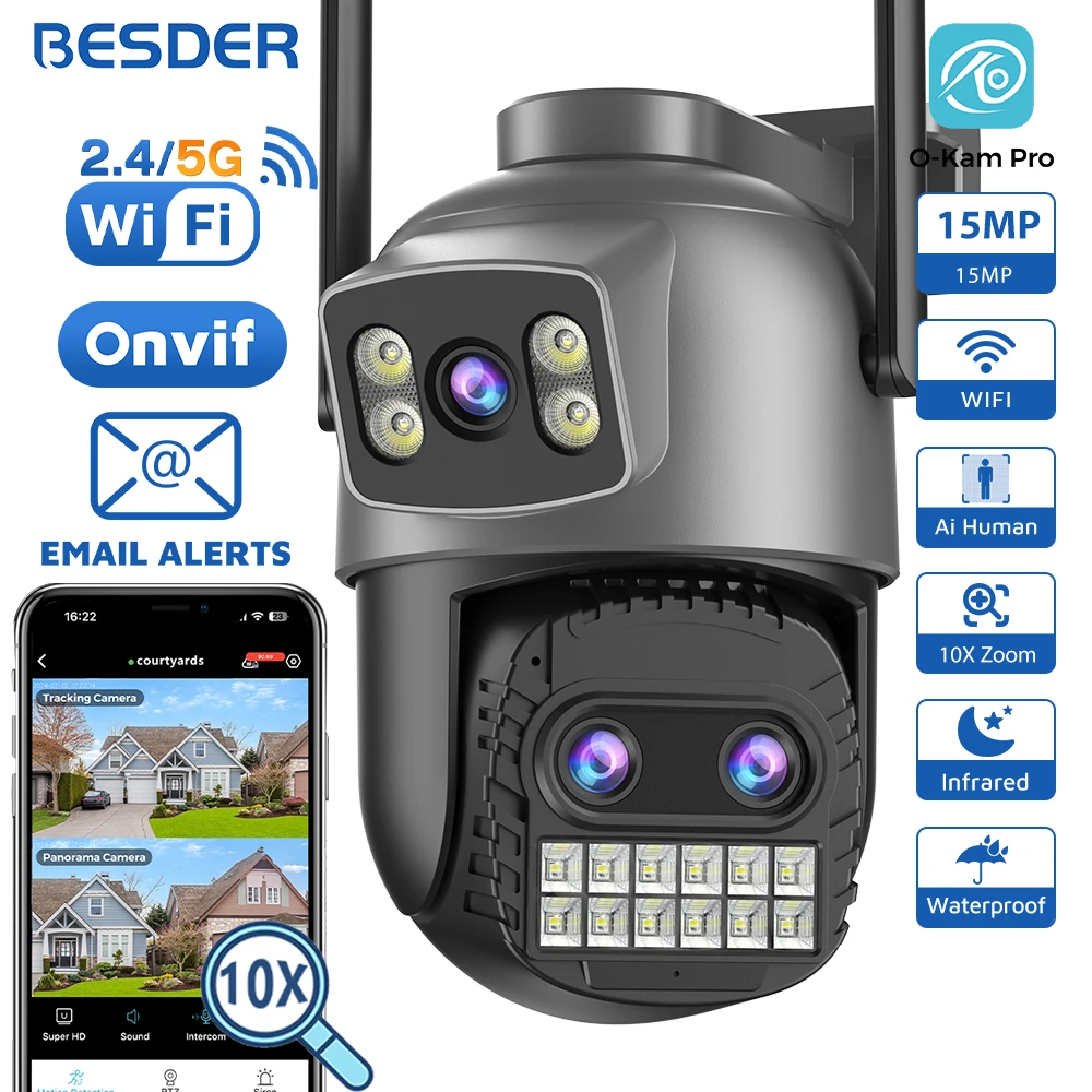 Besder 15mp wifi câmera ao ar livre tela dupla 10x zoom digital cctv câmera de vigilância de vídeo ptz 8mp câmera ip de segurança o-kam pro Besder 15mp wifi câmera ao ar livre tela dupla 10x zoom digital cctv câmera de vigilância de vídeo ptz 8mp câmera ip de segurança o-kam pro