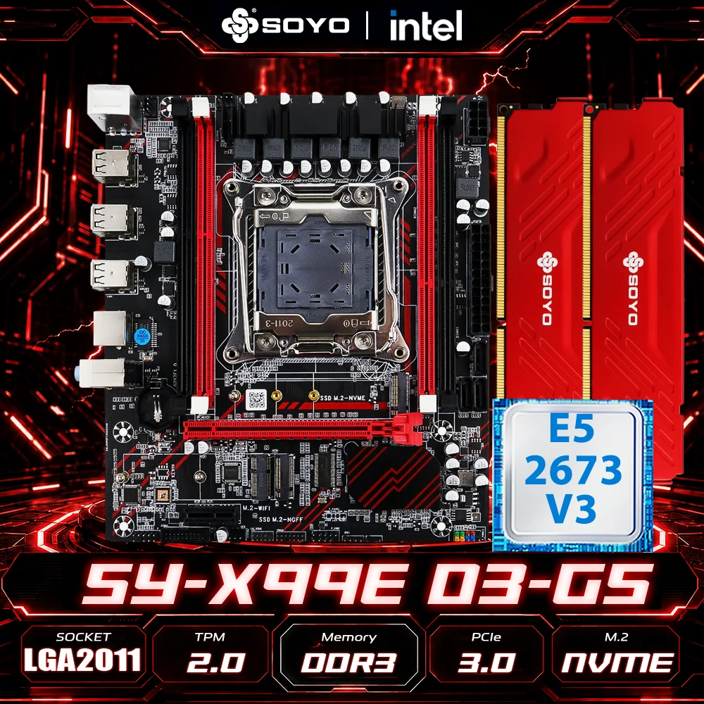 Placa-mãe SOYO X99 DDR3, processador E5 2673 V3, memória RAM de 16 GB (8 GB x 2), Xeon Intel, soquete LGA2011-3, para PC gamer, PCIe 16x3.0, M.2, TPM2.0, para computador de mesa.
