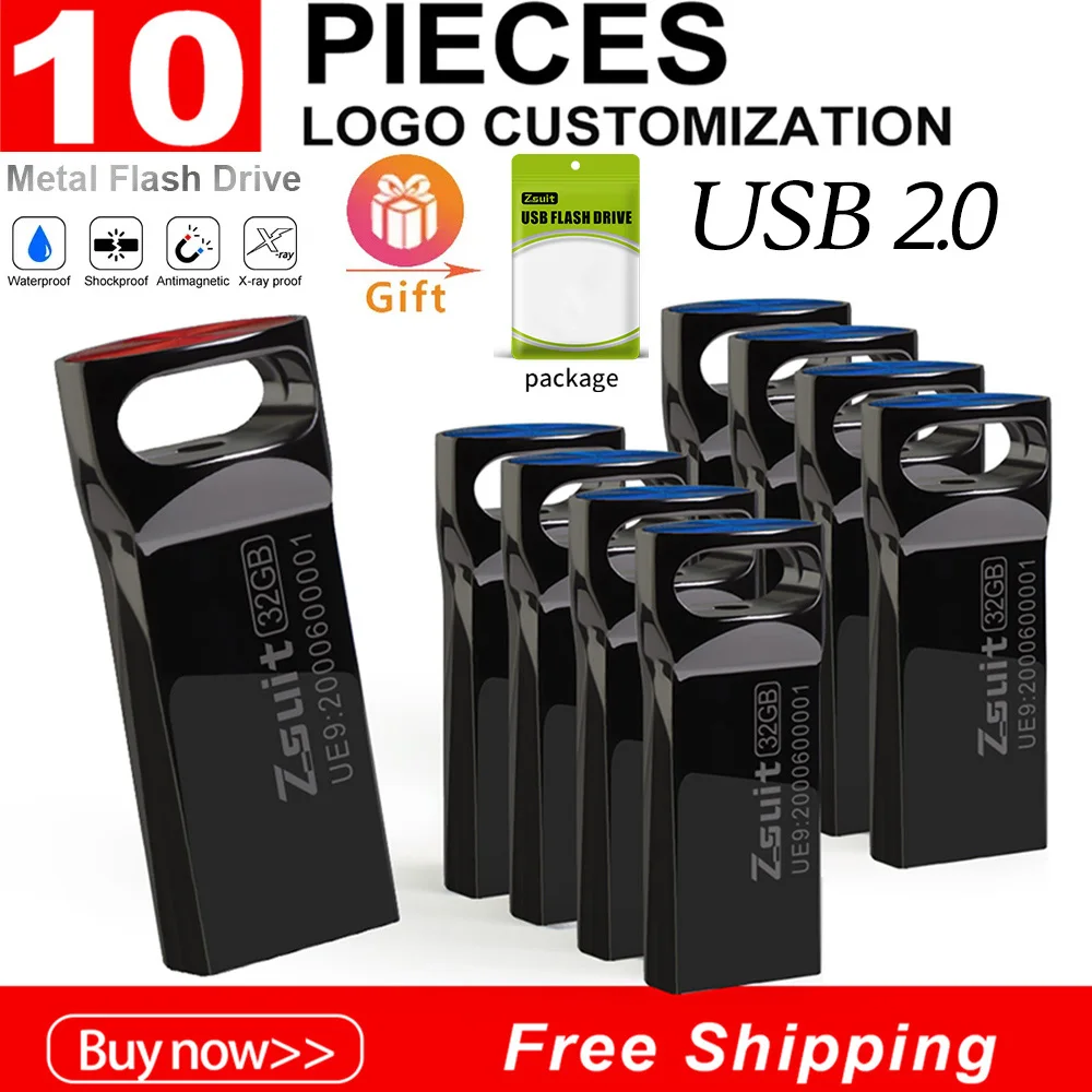Zsuit 10 unidades flash usb 64gb mini metal capacidade real 128gb memória stick pen drive 32gb logotipo personalizado armazenamento u disco