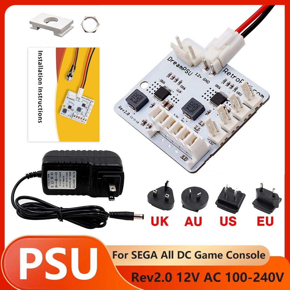 Placa de Fonte de Alimentação Substituta DreamPSU 12V para SEGA DreamCast Rev2.0 com Adaptador AC 100-240V e Plugue de Alimentação para Console DC