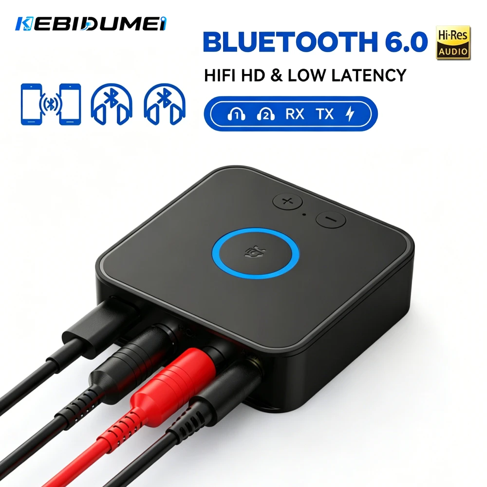 KEBIDUMEI Transmissor e Receptor de Áudio Bluetooth 6.0 com Transmissão Dupla Hi-Fi, Adaptador Sem Fio de Música com Jack 3.5mm e 2RCA para Carro, Caixa de Som e PC