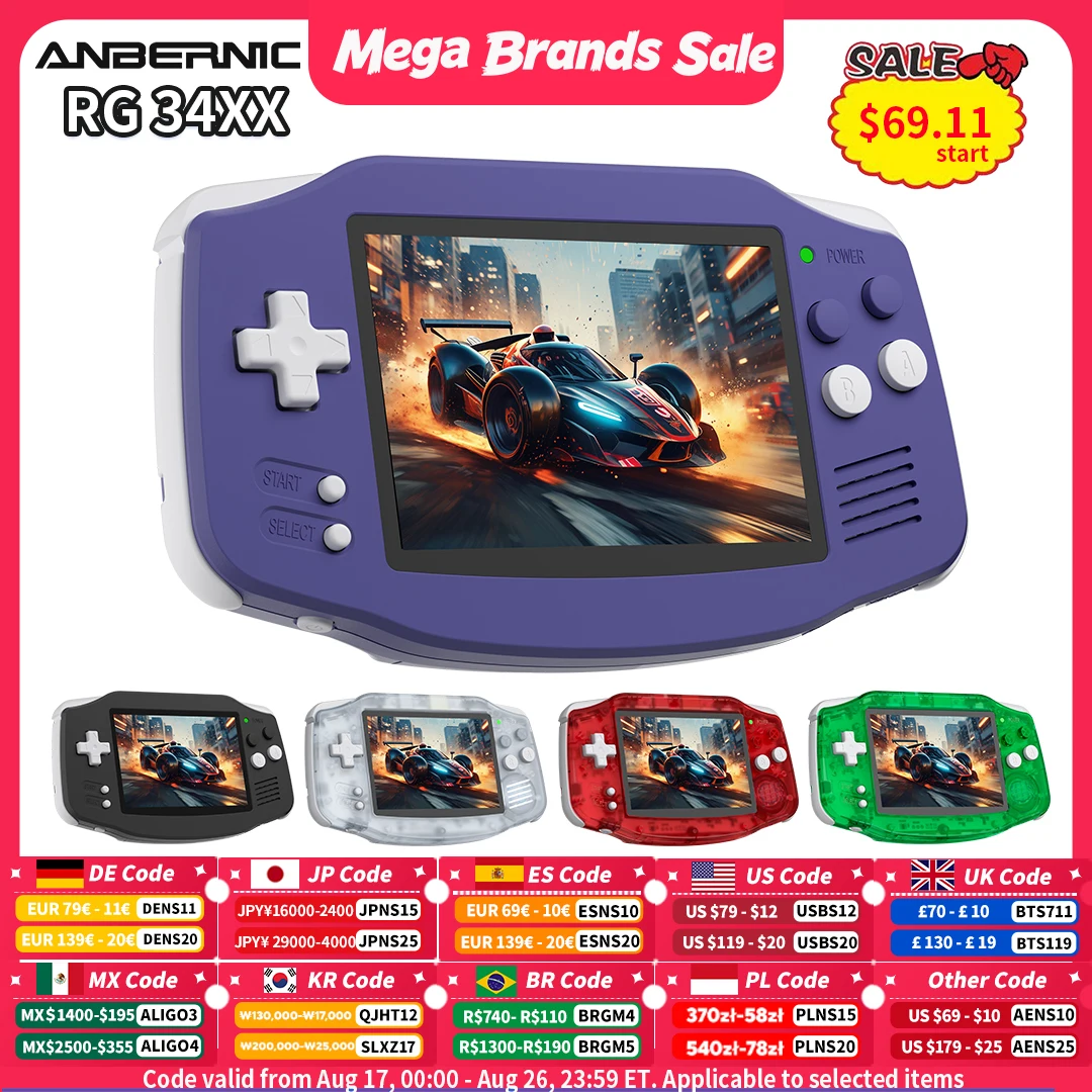 Console de Jogos Portátil Anbernic RG 34XX com Tela IPS de 3.4” 720*480, Linux 64-bit, Bateria de 3500mAH, Bluetooth, RG34XX para Jogos Retro