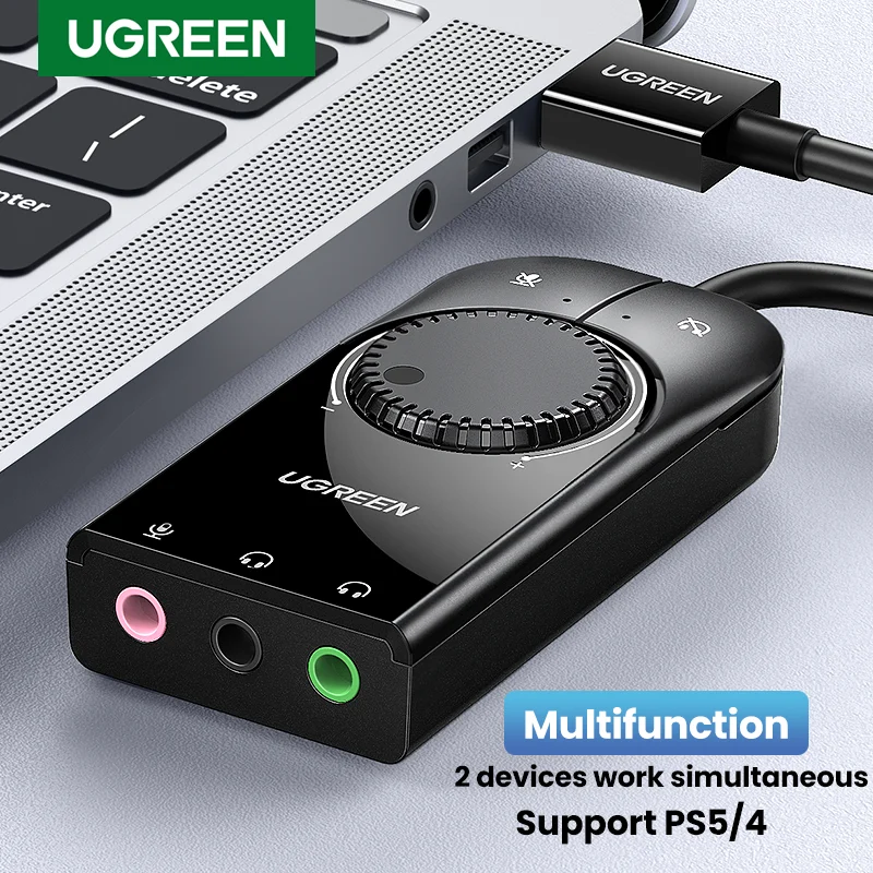 Adaptador de áudio e microfone ugreen, adaptador usb de placa de som com interface de áudio 3.5mm para pc ps5 4 e fone de ouvido
