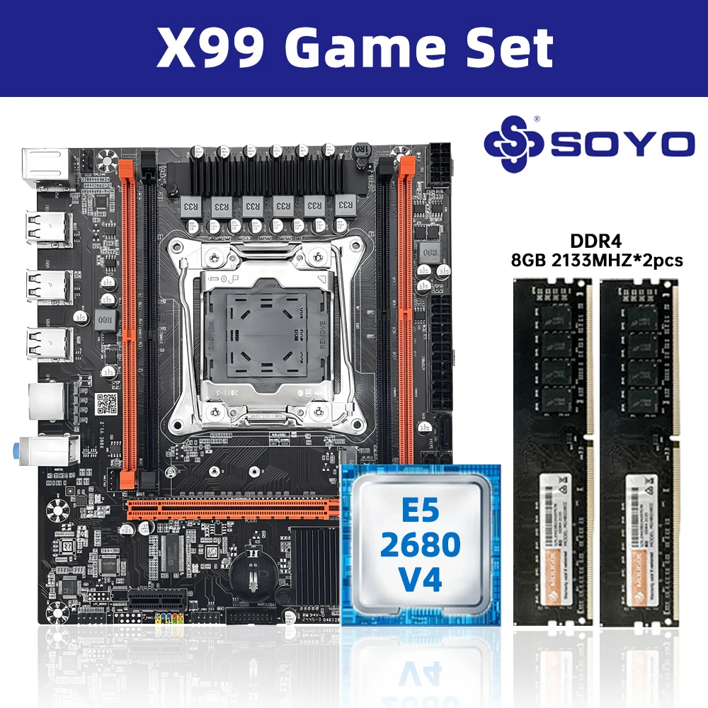 Kit de Placa Mãe SOYO X99 com Intel LGA2011-3 Xeon E5 2680 V4 e Memória RAM DDR4 16GB (2*8GB) 2133MHz Dual Channel M.2 NVME